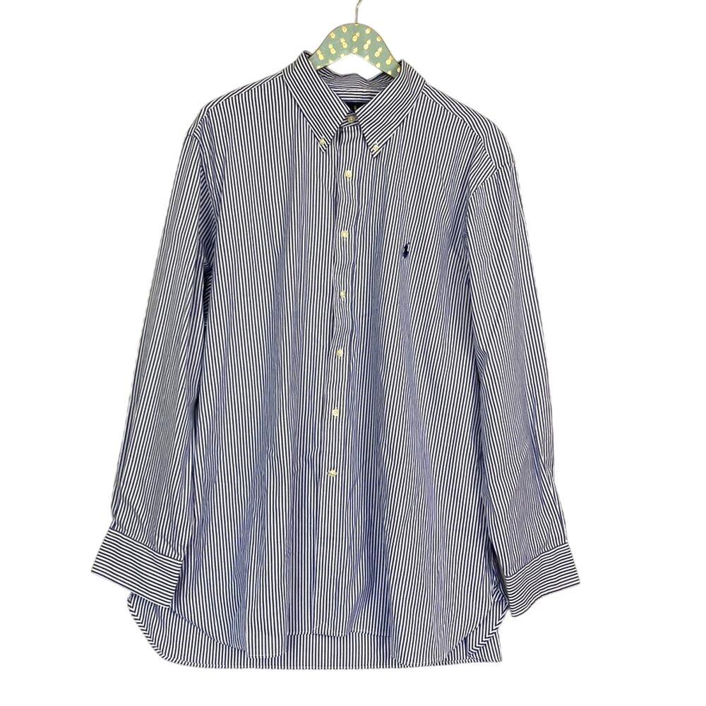 Ralph Lauren Button Up Classic Dress Shirt Mens 18 34/35 Striped Blue White